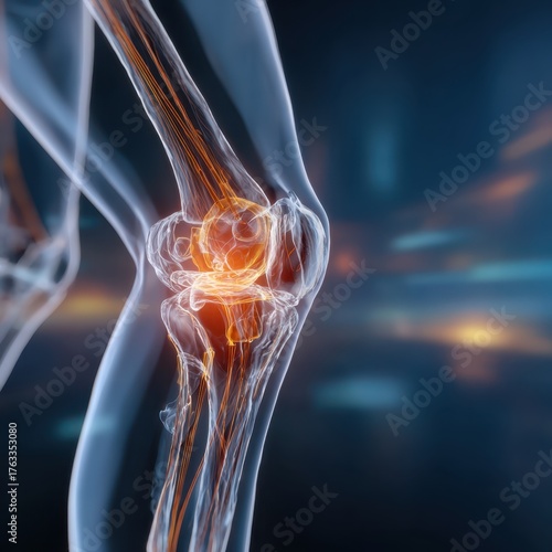 Person gripping her knee in pain X-ray illustration anatomy. Sore leg, bone. Affected area of tendon problems. Pain relief techniques, health in daily life. Red orange leg ache sign digital overlay.