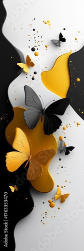 Painting of three butterflies with one black and two yellow. The butterflies are scattered across the painting, with some on the left side, some in the middle, and some on the right side