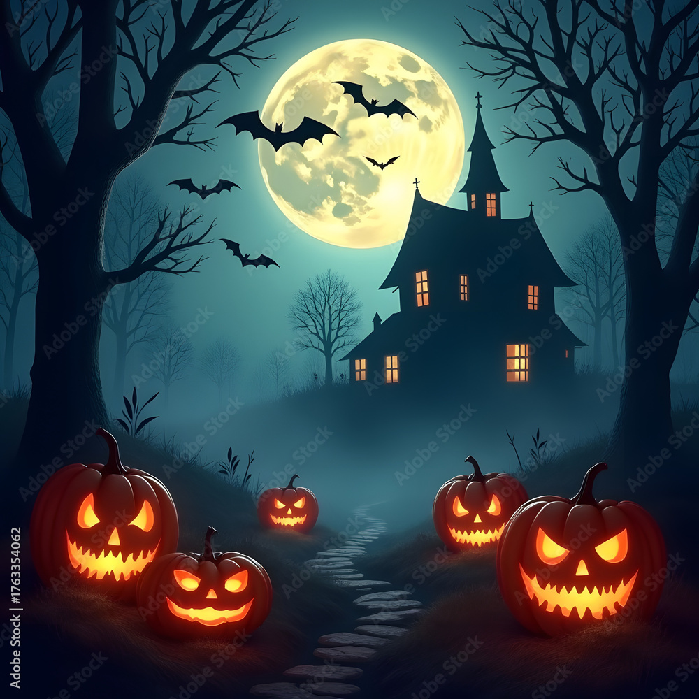 Fototapeta premium Halloween illustration of a spooky mansion under a full moon with bats and lit pumpkins. This image was successfully submitted to Adobe Stock.