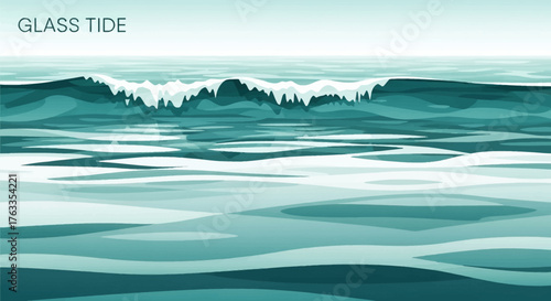 Illustration d'une vague océanique turquoise avec l'inscription "GLASS TIDE" en haut à gauche.