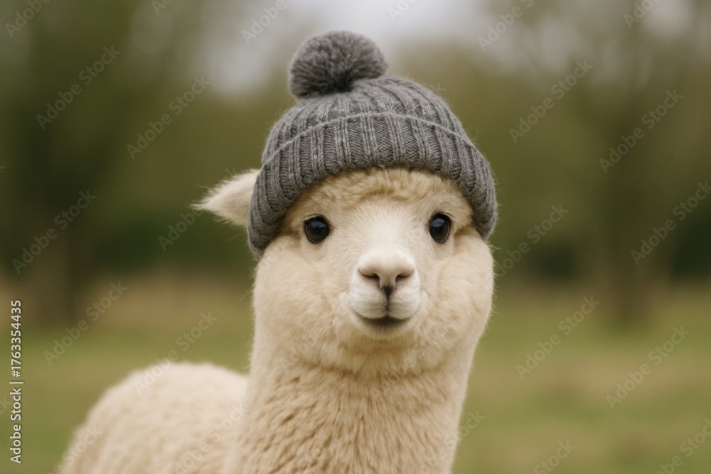 Fototapeta premium Adorable alpaca wearing cozy hat.