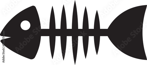 Fish skeleton icon in flat style of fishbone silhouette vector illustration, seafood bones graphic symbol, marine element clipart and minimalist black design isolated on transparent background.