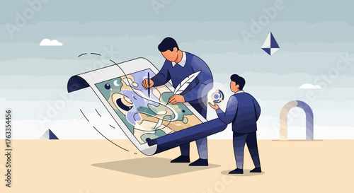 Illustration d'un artiste dessinant sur une tablette numérique avec un assistant, dans un style plat et minimaliste.