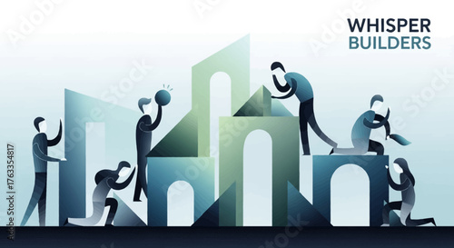 Illustration de personnes construisant une structure abstraite, avec le texte "Whisper Builders".