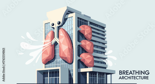 Concept architectural d'un bâtiment avec des poumons, symbolisant une architecture respiratoire et durable.