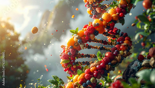 Artistic DNA helix made from fresh fruits, nuts, and seeds symbolizing nutrition, genetics, and natural wellness. A creative concept linking healthy food to human biology and longevity science