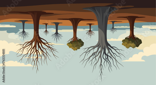 Illustration surréaliste de racines d'arbres pointant vers le ciel, avec un paysage inversé et des arbres variés.