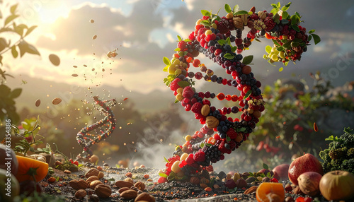 Artistic DNA helix made from fresh fruits, nuts, and seeds symbolizing nutrition, genetics, and natural wellness. A creative concept linking healthy food to human biology and longevity science