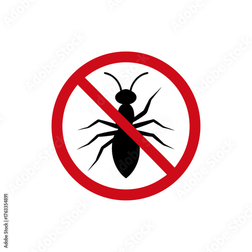 Prohibition sign showing a black ant silhouette inside a red circle with a diagonal line