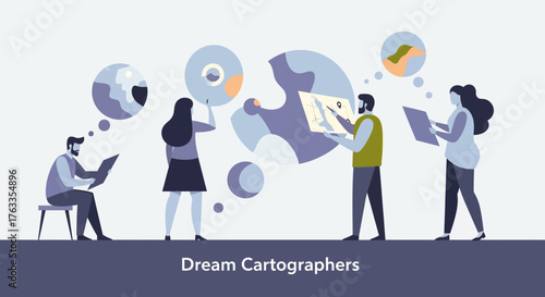 Illustration de personnes travaillant sur des cartes, symbolisant la cartographie et la collaboration créative.