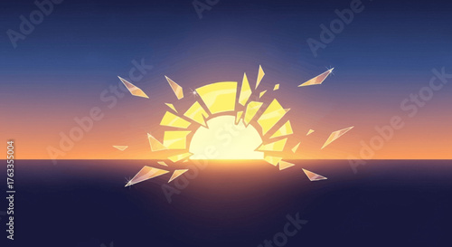Lever de soleil brisé sur l'horizon marin, éclatant en fragments lumineux, ciel dégradé de bleu et orange.