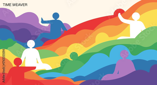 Illustration colorée de personnes assises sur des vagues arc-en-ciel, évoquant la méditation et la diversité.