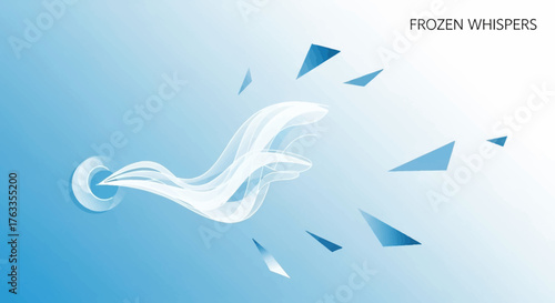 Illustration abstraite de fumée blanche et de fragments bleus sur fond bleu clair, évoquant des murmures glacés.