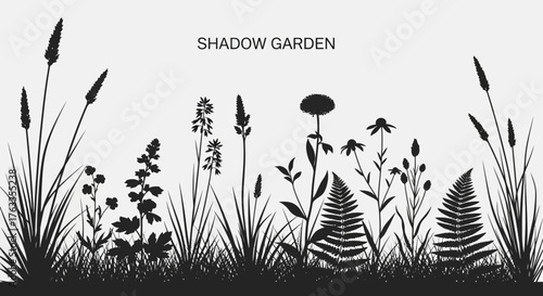 Silhouette d'un jardin d'ombre avec diverses plantes et herbes, créant une scène naturelle et paisible.