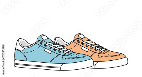 Stylish sneakers in blue and orange with laces on white background  