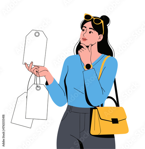 Woman contemplating while holding price tags in fashion outfit  