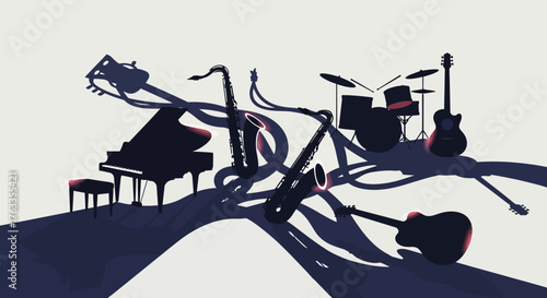 Image d'instruments de musique variés, incluant un piano, une batterie, des guitares et un saxophone, disposés de manière artistique.