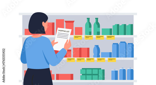 Woman checking shopping list while standing in front of grocery shelf  