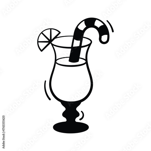 A hand drawn style icon of cocktail glass with an orange and straw