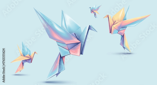Illustration numérique de grues en origami aux couleurs pastel sur fond bleu clair, évoquant la paix et la légèreté.