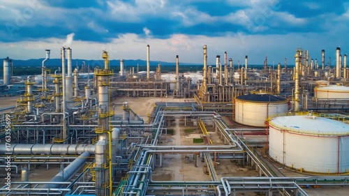 Industrial Panorama: An expansive industrial plant dominates the horizon, with complex structures and pipelines stretching into the distance.