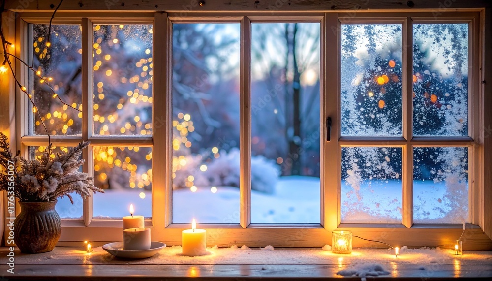 Naklejka premium 窓越しに見えるフェアリーライトとキャンドルの温かな灯り