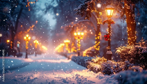 夕暮れ時の街を照らす街灯とクリスマス装飾が、雪の降る中で温かく輝く屋外シーンです。
青みがかった空とオレンジの光が織りなす美しいコントラストが、映画のような情緒を演出。
冬の静けさとホリデーの温もりが融合した、ロマンチックで幻想的なビジュアル。