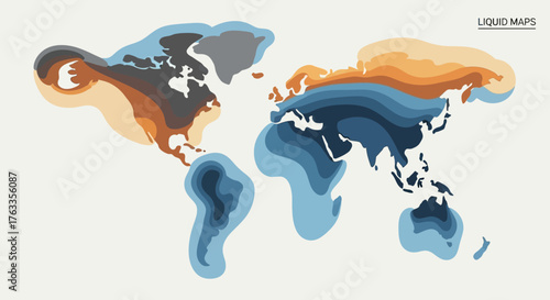 Carte du monde stylisée avec des formes liquides et des couleurs dégradées, évoquant une représentation artistique et moderne de la géographie.