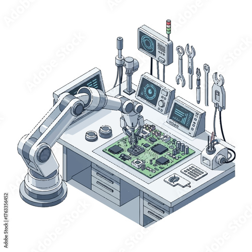 Isometric illustration of a robotic arm working on a circuit board with various tools and monitors on a workstation against a white background.
