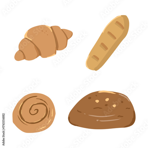 Bread Doodle Clipart Set with Toast, Croissant, and Loaf, Cute Hand Drawn Bakery Illustration