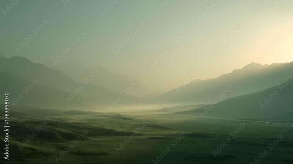 Obraz premium A misty mountain landscape, bathed in soft, ethereal light, creates a tranquil and awe-inspiring scene. The undulating terrain and atmospheric perspective evoke a sense of vastness and serenity