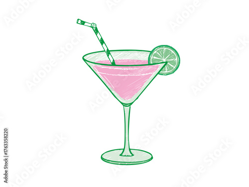 Cocktail Glass Vector Illustration, Refreshing Drink with Lime Slice and Straw, Perfect for Menu or Party Design