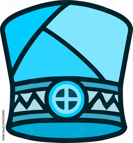 Illustration of a bucket hat with a patterned ribbon and buckle. Hip hop fashion style.