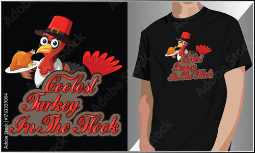 Coolest Turkey In the Flock T-Shirt Design, Thanksgiving T-shirt Design Graphic Vector, Flock Thanksgiving Gifts, Funny Turkey Lover T-Shirt Design.