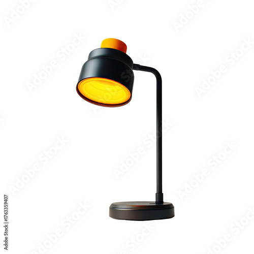 A sleek, minimalist desk lamp, featuring a black finish and warm yellow light emission