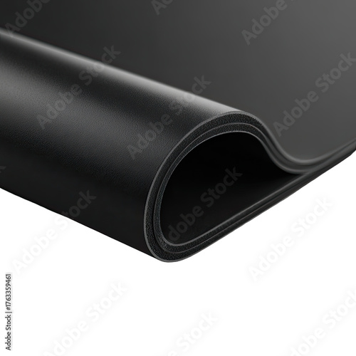 A close-up shot reveals a stack of thin, rolled matte black sheets with defined edges