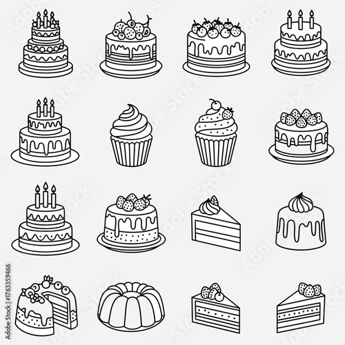 Elegant vector line art collection featuring a diverse range of celebratory cakes, frosted cupcakes, and delectable dessert slices, perfect for bakery menus, party invitations, and sweet treat designs