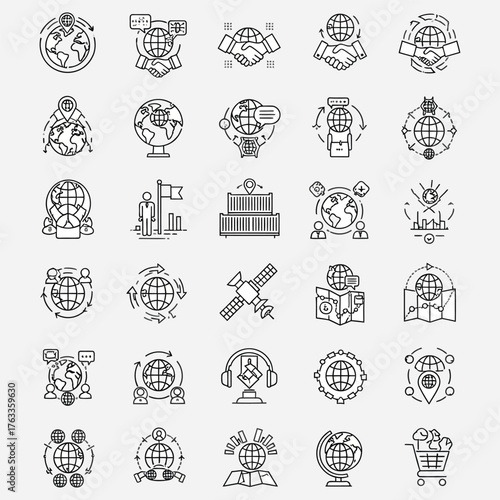 A collection of thin line icons representing global business, worldwide communication, and international logistics