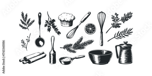 Sketch collection of kitchen utensils and herbs
