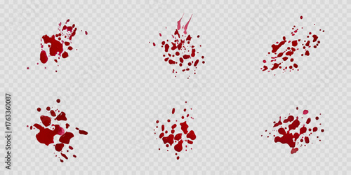 Collection of blood splats isolated on transparent background. Set of red decorative splashes. Crime scene decorations. Red spots. Watercolour splashes. Vector illustration.