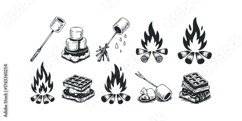 Campfire cooking icons with marshmallows and waffles