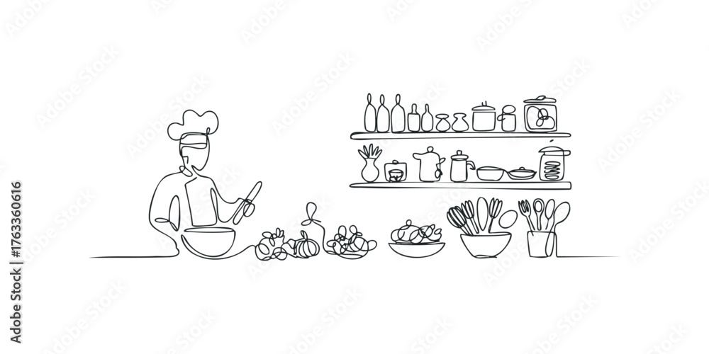 Obraz premium Chef prepares food with kitchenware on shelves