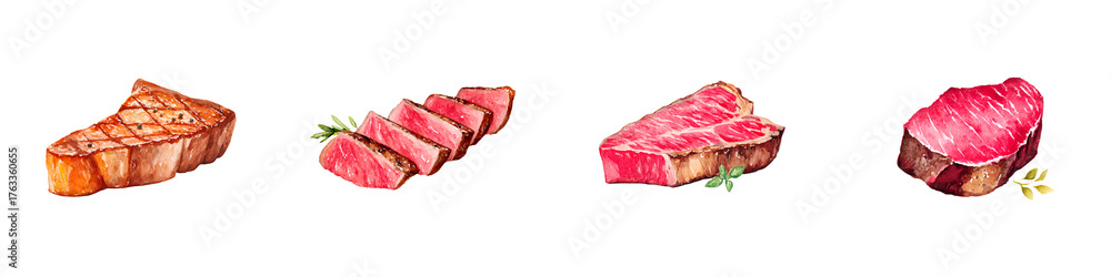 Fototapeta premium Watercolor Illustration of Cooked Steaks: Various Stages and Cuts