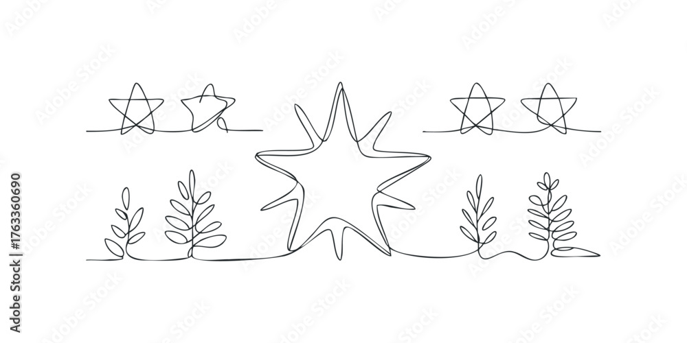 Fototapeta premium Abstract continuous line drawing of stars and plants