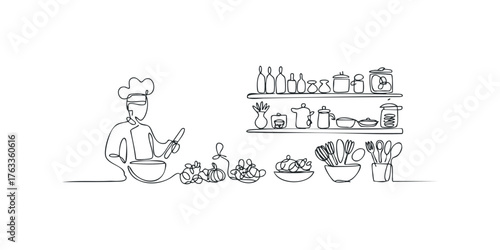 Chef prepares food with kitchenware on shelves