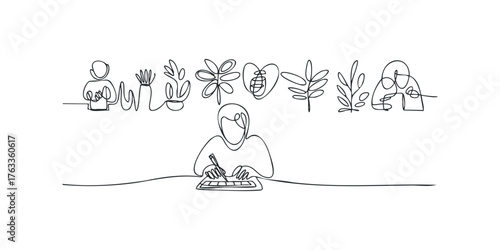 Person drawing nature and human forms with simple line art
