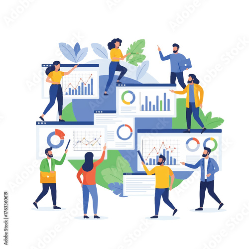 Illustration of a diverse group of people interacting with graphs and charts on large computer monitors in a vibrant, modern workspace with a collaborative mood.