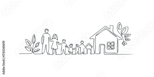 Continuous line drawing of a family holding hands near a house