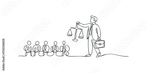 Lawyer holding scales of justice presents case to group