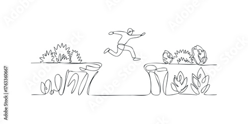 Person jumping over gap with bushes